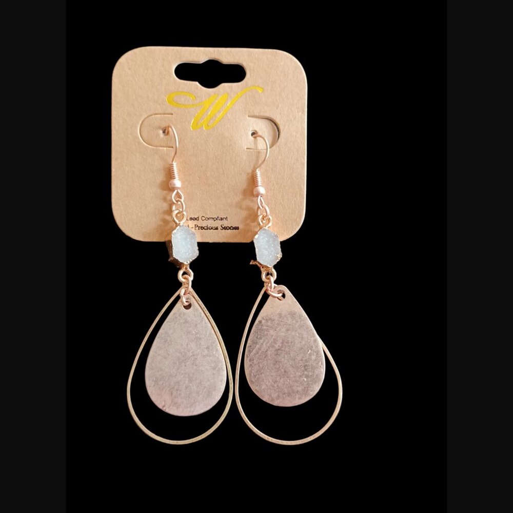 Two Tone Rose and Yellow Gold Plated Semi Precious Stone 3" Earrings NWT